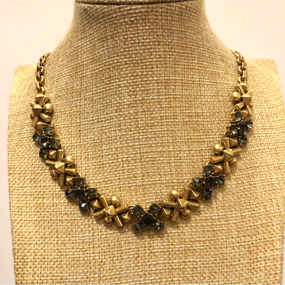 J. CREW Statement Necklace antiqued gold with blue rhinestones, repeating “x”